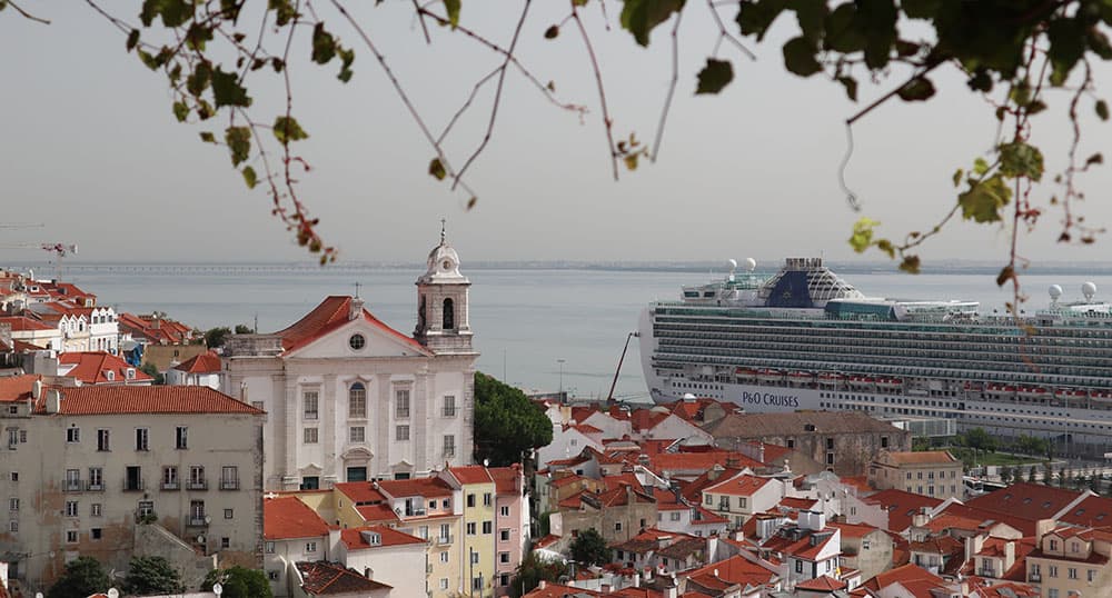 Distant view of a cruise ship in a European port